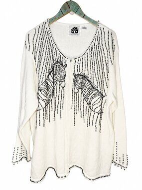 Vtg 1990's Storybook Knits "Two's Company" Zebra Beaded Cardigan Sweater 3X